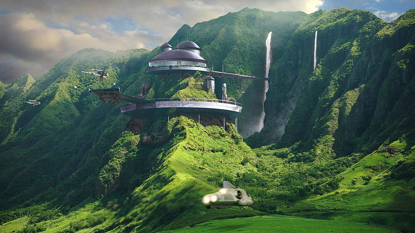 Landschaft, futuristisch, Haus, Berge, Wasserfall, Science-Fiction, digitale Kunst / und mobiler Hintergrund, Fiction-Landschaft HD-Hintergrundbild