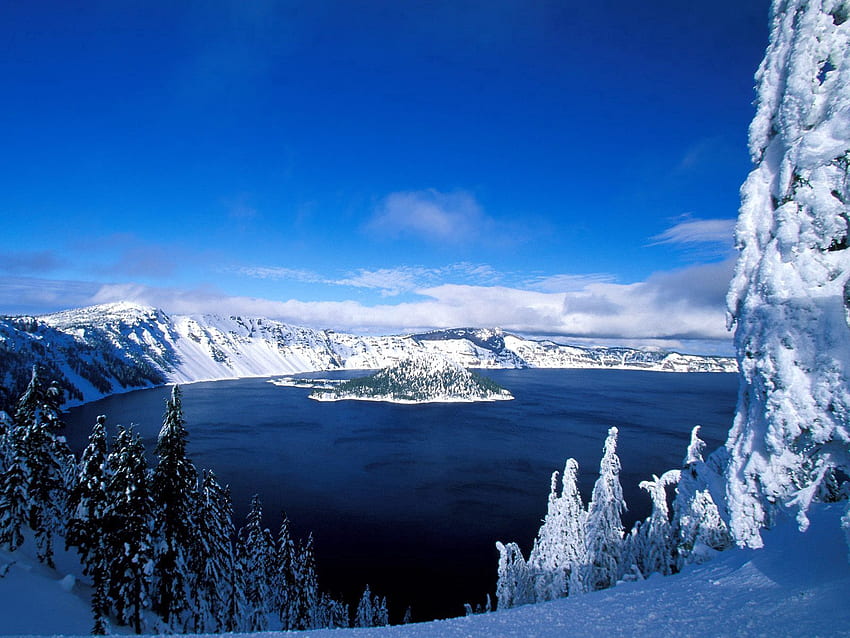Invierno, naturaleza, árboles, montañas, nieve, lago, isla fondo de pantalla