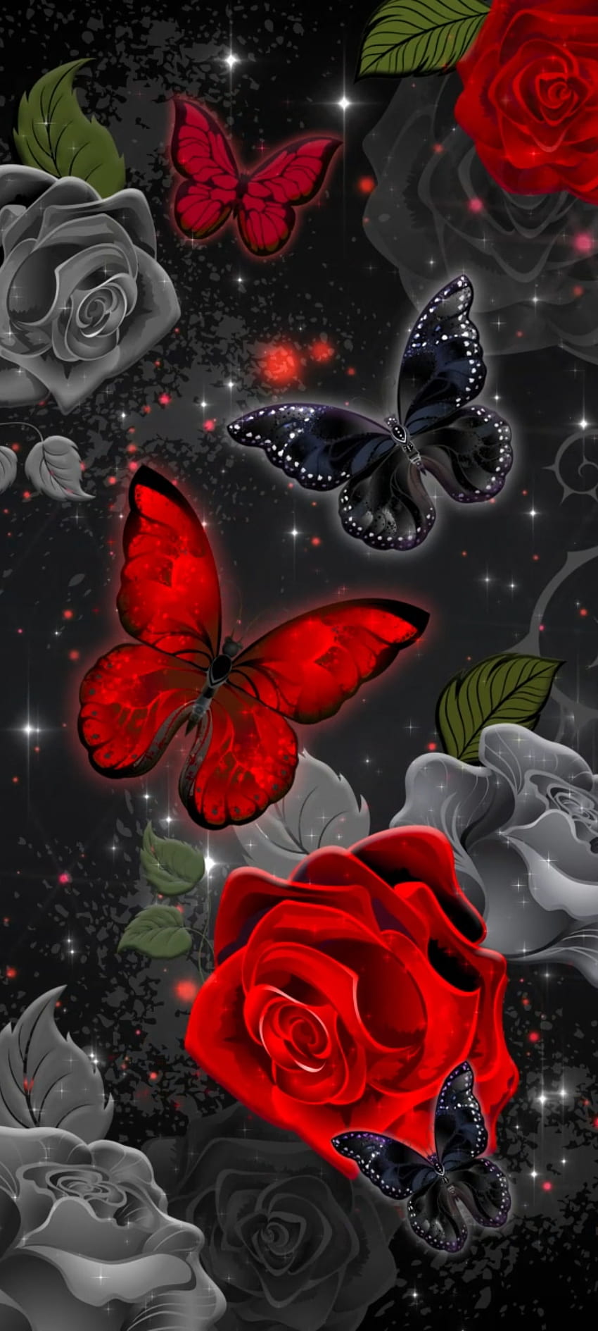 Czerwona róża i motyl, piękny, płatek, natura, ciemny, premium Tapeta na telefon HD
