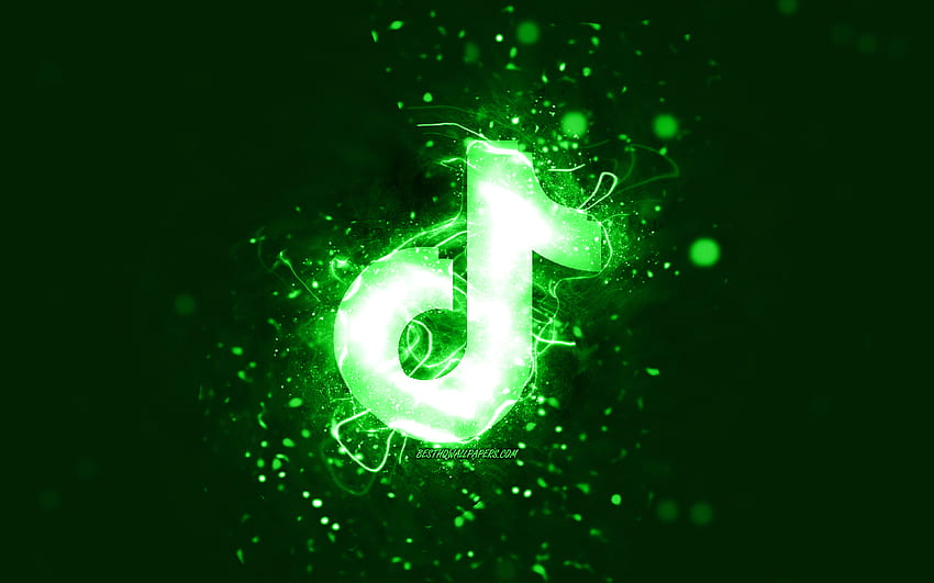 Зелено лого на TikTok, , зелени неонови светлини, творчески, зелен абстрактен фон, лого на TikTok, социална мрежа, TikTok HD тапет