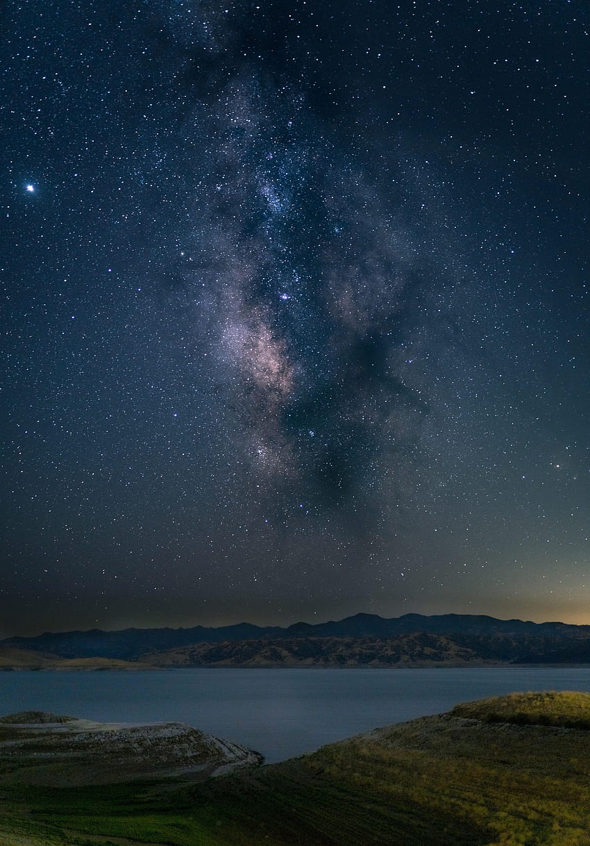 풍경, 산, 밤, 호수, 어두운, 별이 빛나는 하늘 HD 전화 배경 화면