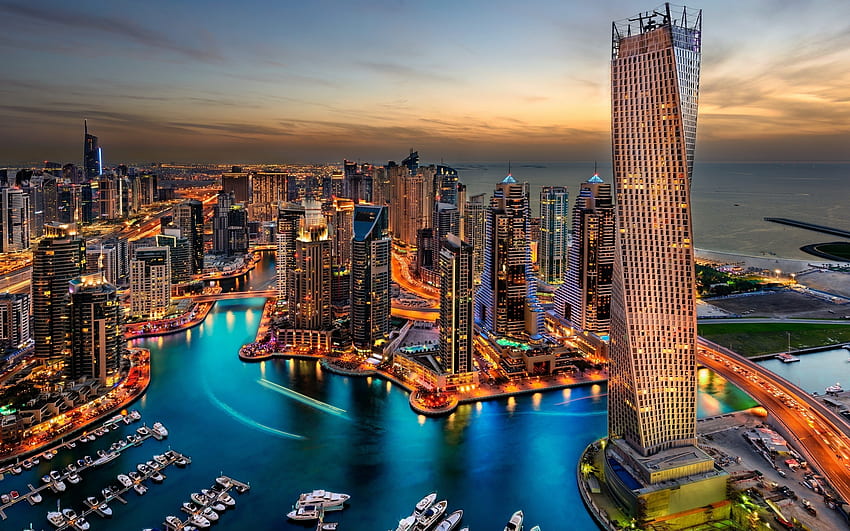 Дубайски небостъргачи, пейзаж, река, Дубай, небостъргачи HD тапет