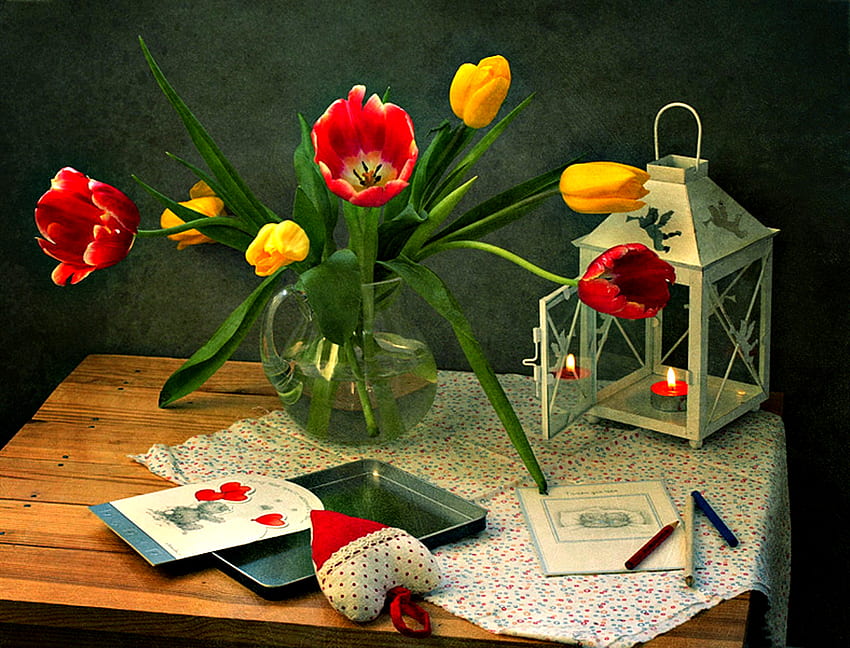 Pretty Tulips, colorful, tulip, graphy, yellow tulips, lamp, colors, tulips, beauty, red tulips, candles, pencil, postcard, red tulip, vase, romance, beautiful, still life, candle, pretty, light, yellow, red, with love, nature, romantic, flowers, heart, lovely, yellow tulip, valentines day, for you HD wallpaper