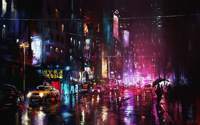 Night, Lights, Raining, Artwork, Painting, Night City Rain Lights HD wallpaper