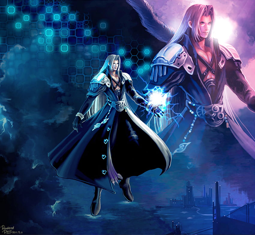 Sephiroth, spada, armatura, final fantasy, capelli lunghi, anime, capelli bianchi, arma, videogiochi, ff7, trench Sfondo HD