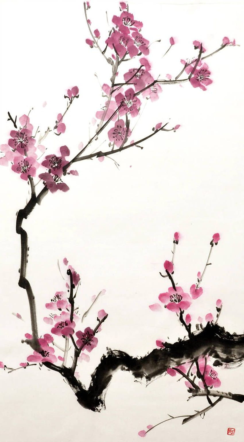 Sumi E Plum. 벚꽃 예술, 중국 꽃 그림, 벚꽃 그림 HD тапет за телефон