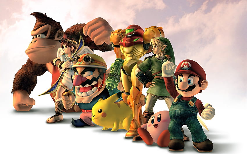 Kirby Mario Pikachu Samus Aran Esel Kong Wario Super Smash Bros Schlägerei – Videospiele Mario HD-Hintergrundbild
