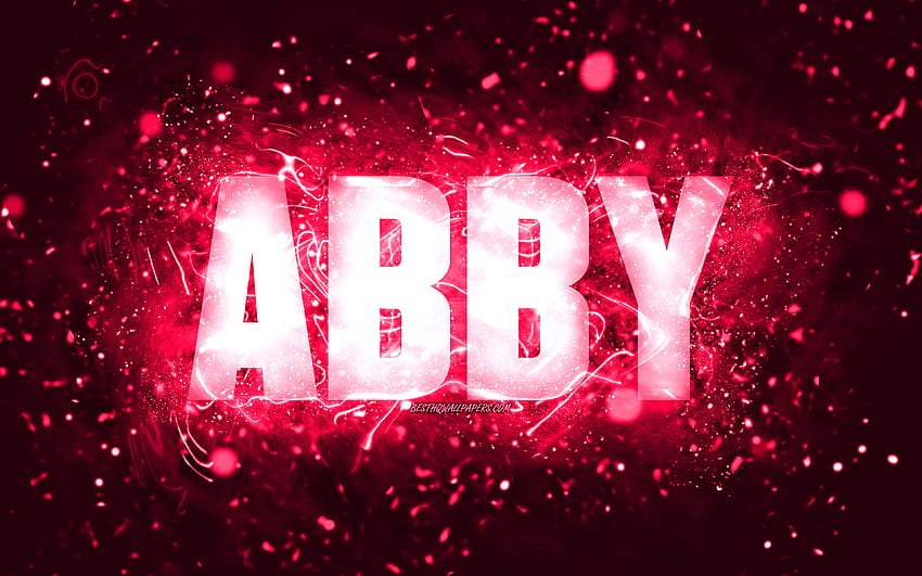 Happy Birtay Abby, , luzes de neon rosa, nome Abby, criativo, Abby Happy Birtay, Abby Birtay, nomes femininos americanos populares, com nome Abby, Abby papel de parede HD