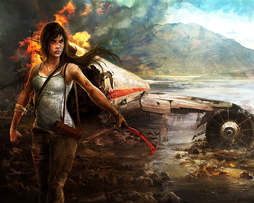 Tomb Raider, island, plane, crash, Lara Croft, fire U , , Airplane ...
