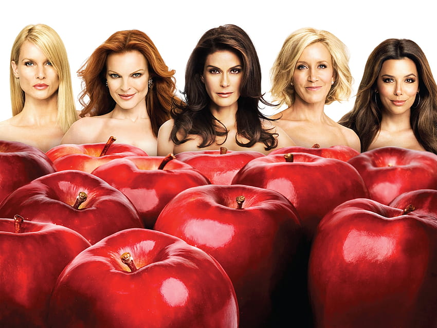 Desperate Housewives (2004 - 2012), afis, poster, girl, actress, woman, desperate housewives, tv series, red, fruit, apple HD wallpaper
