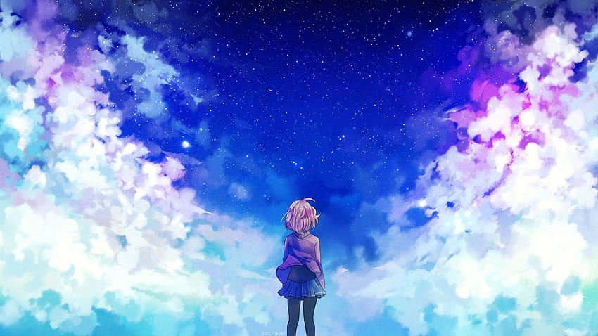 햇빛, 애니메이션 소녀들, 하늘, 별, 구름, 푸른, Kyoukai no Kanata, Kuriyama Mirai, 분위기, 우주, 스크린 샷, 컴퓨터, 대기권 밖 , Anime Girl Sky HD 월페이퍼
