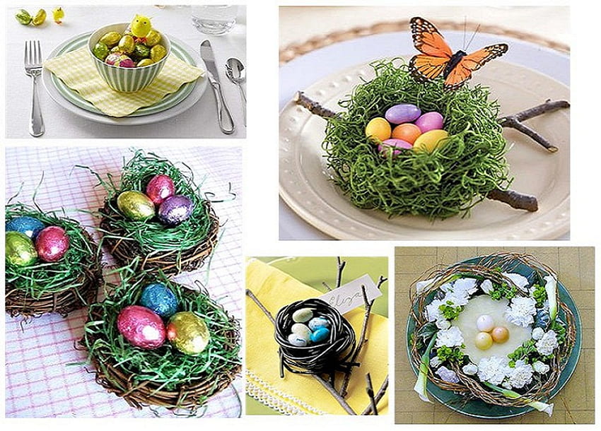 Easter Collage, blue, egg, colorful, firk, foil, colors, eggs, spring, collage, plate, easter eggs, knife, spoon, setting, nests, nest, pink, silverwear, green, yellow, red, place settings, branches, easter, rable, bowl, butterly HD wallpaper