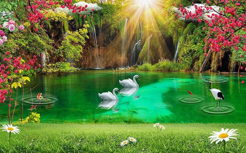 Wodospad w raju, kryształ, wodospad, raj, gałęzie, słońce, woda, promienie, piękne, jezioro, łabędzie, lilie Tapeta HD