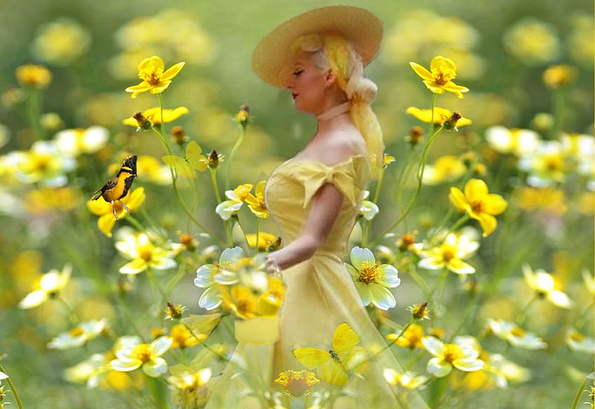 Пролетно жълто, кофа, момиче, шапка, цветно, бяло, жизнено, птица, пеперуди, ярко, зелено, жълто, ярко, смело HD тапет