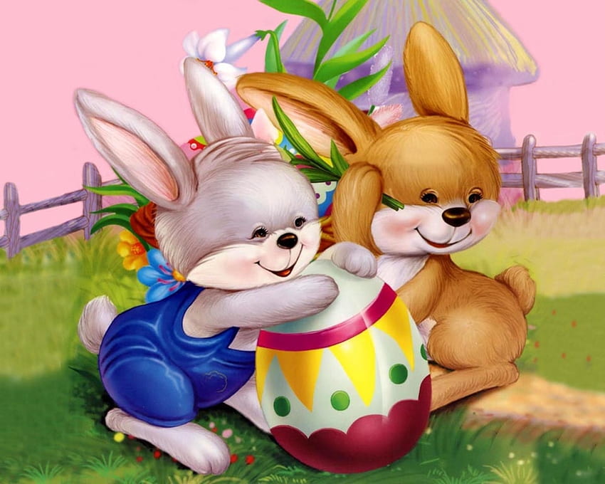Великденски поздрави, произведения на изкуството, яйце, , зайци, ограда, цветове HD тапет