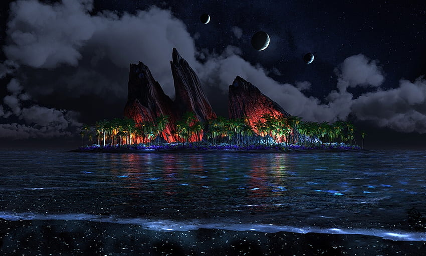 Niekończące się niebieskie noce, noc, księżyc, fantazja, magiczny, sceniczny, wyspa, niebo, marzycielski, ocean Tapeta HD
