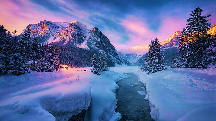 Lake Louise, Banff NP, Alberta, zima, śnieg, kolory, chmury, kraj, niebo, góry, zachód słońca, Kanada Tapeta HD