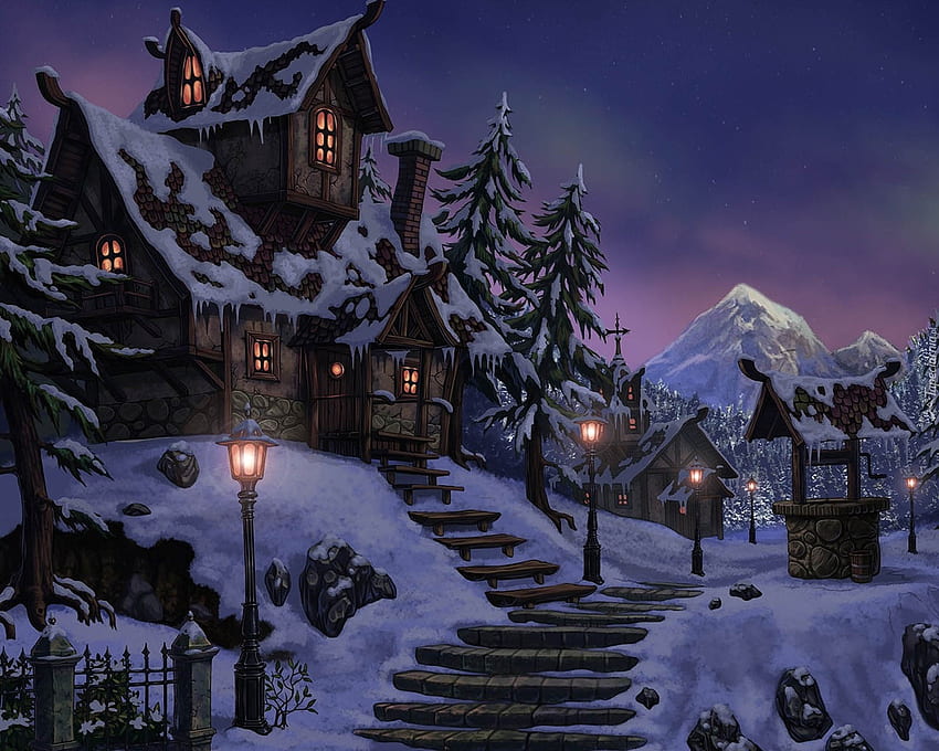 Rumah Berhantu di Musim Dingin, musim dingin, berhantu, rumah, lampu Wallpaper HD
