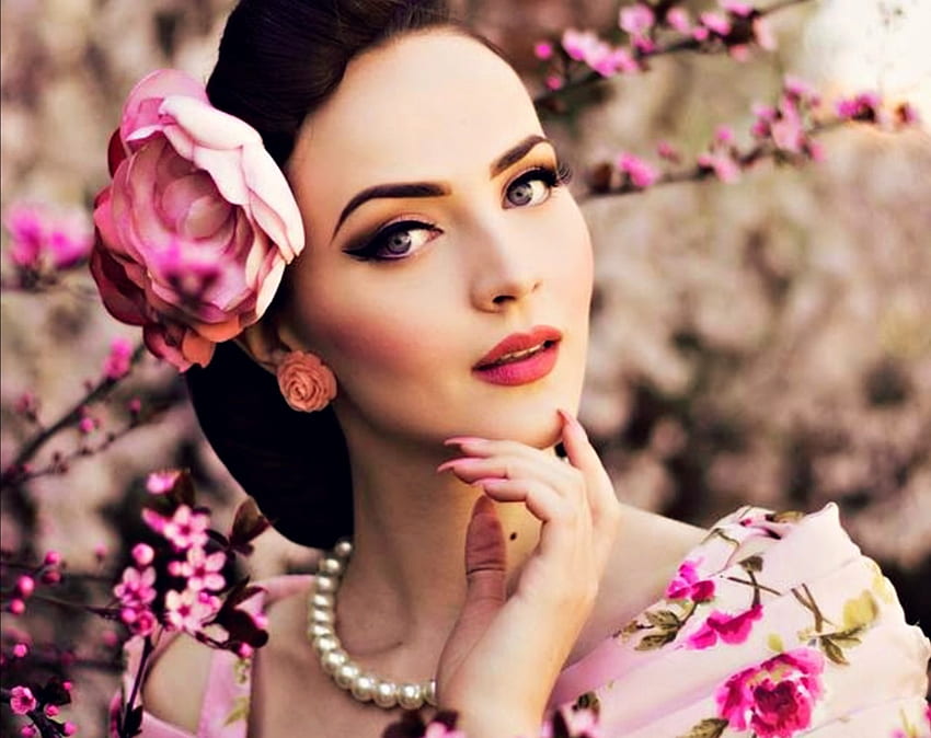 Idda Van Munster, model, spring, woman, rose, pink, gril, make-up, flower, sakura, pearls HD wallpaper
