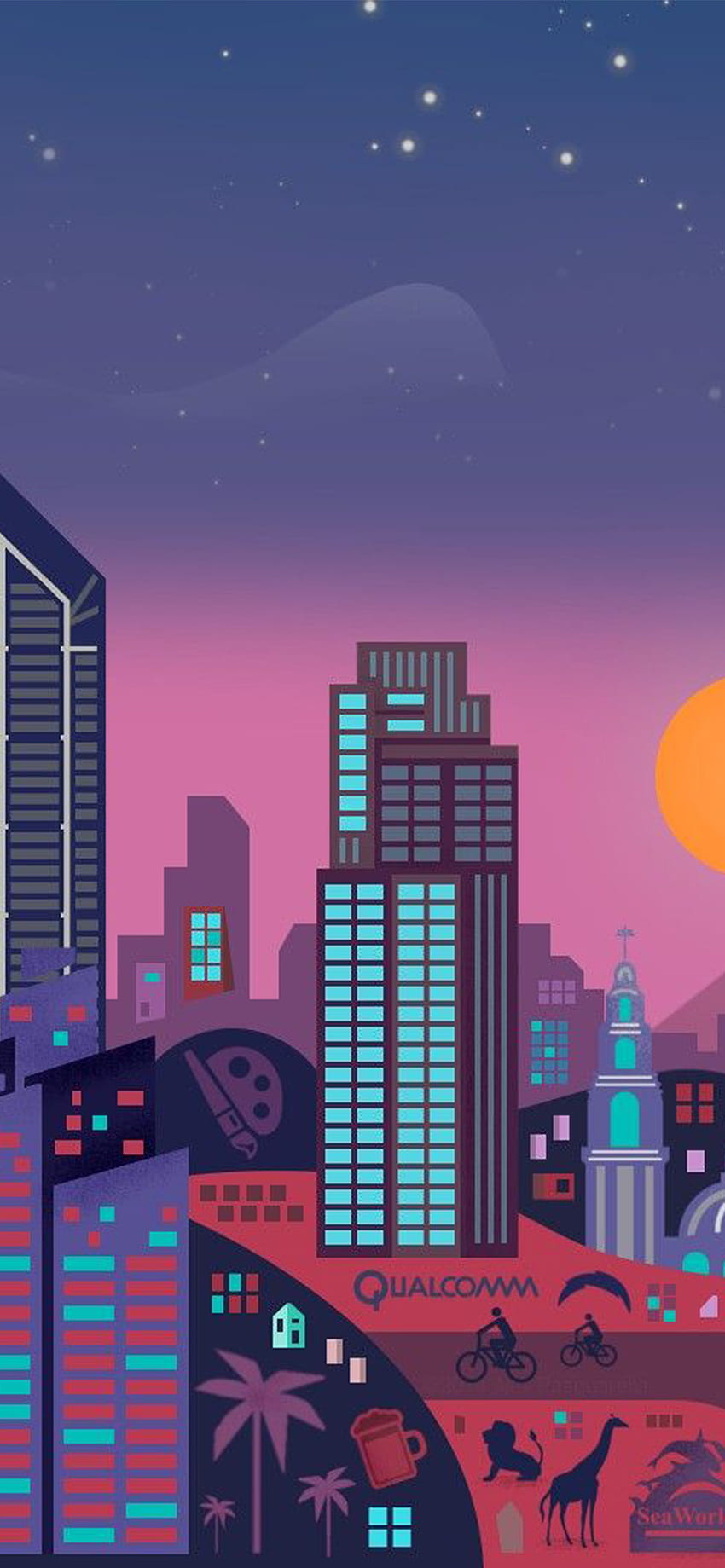 Night City, sky, pink, buildings, sun, animation HD phone wallpaper