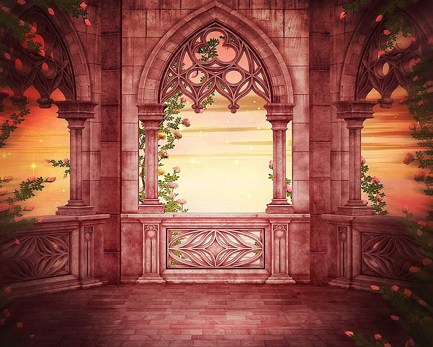 Cenário da janela do castelo antigo Varanda do castelo gótico com rosa vermelha Cena romântica do casamento Edifício antigo fundo impresso em tecido (H0200, 10' de largura por 8' de altura) .uk: Home & Kitchen papel de parede HD