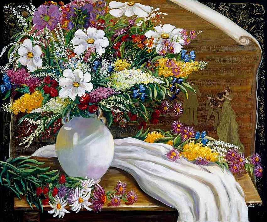 春の音楽、テーブル、白、花束、花、花瓶、混合物、色、配置、ランナー、美しさ、絹、花 高画質の壁紙