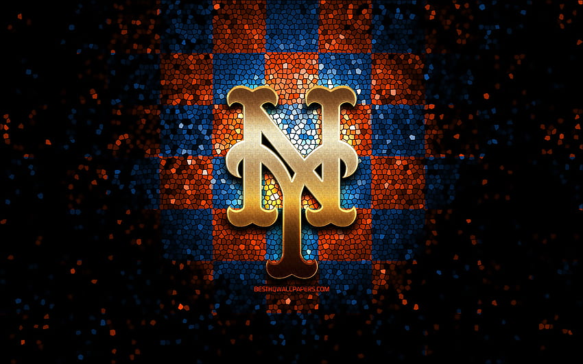ニューヨーク メッツのエンブレム、キラキラのロゴ、MLB、オレンジ ブルーの市松模様の背景、アメリカの野球チーム、メジャー リーグ ベースボール、モザイク アート、野球、ニューヨーク メッツ、NY メッツ 高画質の壁紙