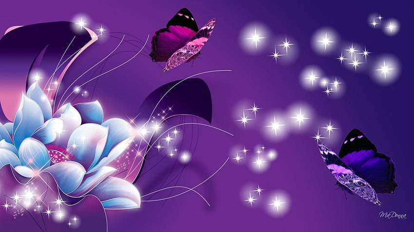 Purple and Bluetiful , glow, papillon, fleur, stars, spring, bloom, shadows, summer, purple, butterflies, butterfly, abstract, flower, bright, shine, blossom HD wallpaper