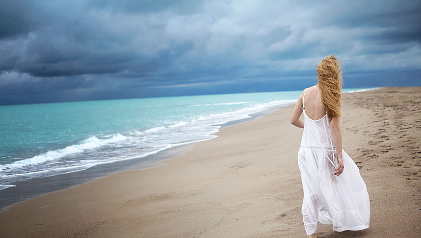 Sad and lonely, sea, sand, seashore, girl, lonely, sadness, dress, beach, white dress, sky HD wallpaper