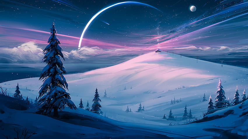 芸術的な冬の雪の木 ピンク ブルー 星空 ミニマリスト ミニマリズム 高画質の壁紙