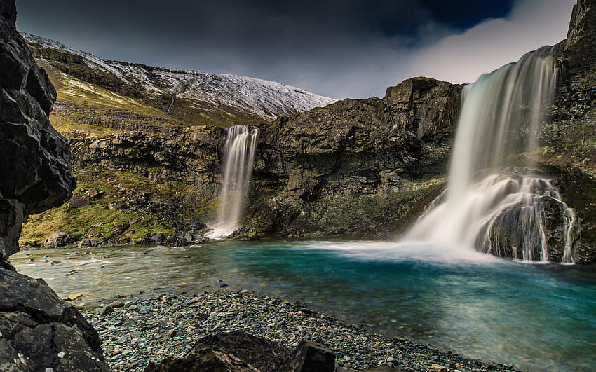 водопад, вечер, скали, красив водопад, Исландия, планински поток HD тапет