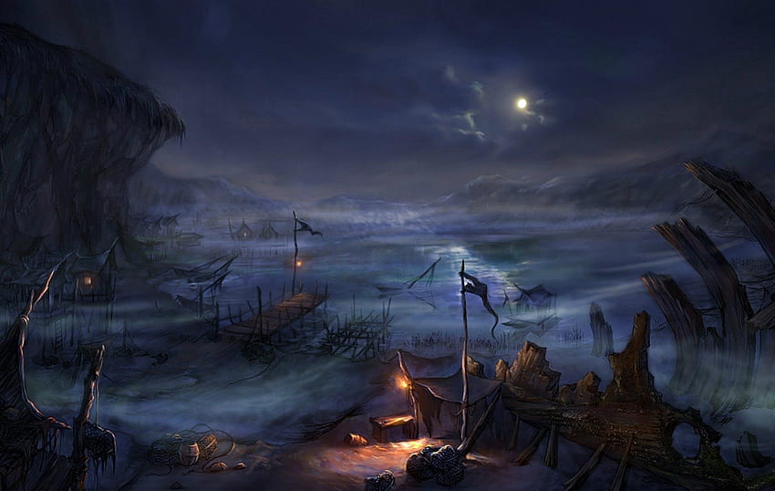 Night, blue, boat, ship, house, dark, halloween, moon, fantasy, water HD wallpaper