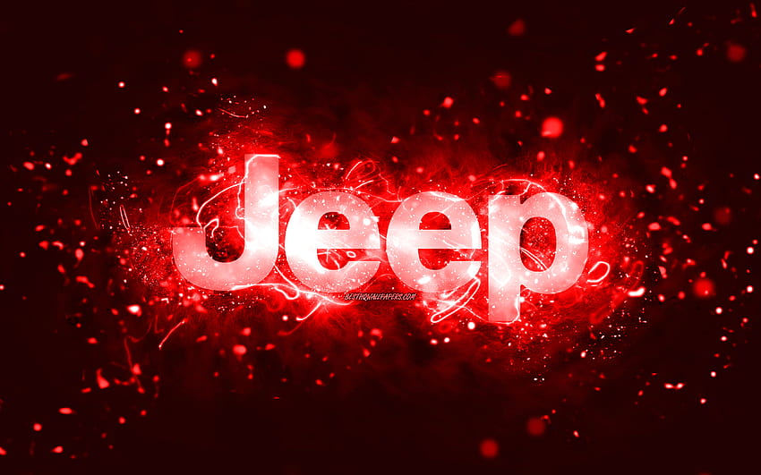 ジープの赤いロゴ、赤いネオン、クリエイティブ、赤い抽象的な背景、ジープのロゴ、車のブランド、ジープ 高画質の壁紙