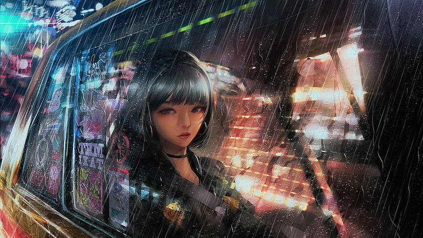 Short Black Hair, Raining, Anime Girl, Semi Realistic - Resolution: HD ...