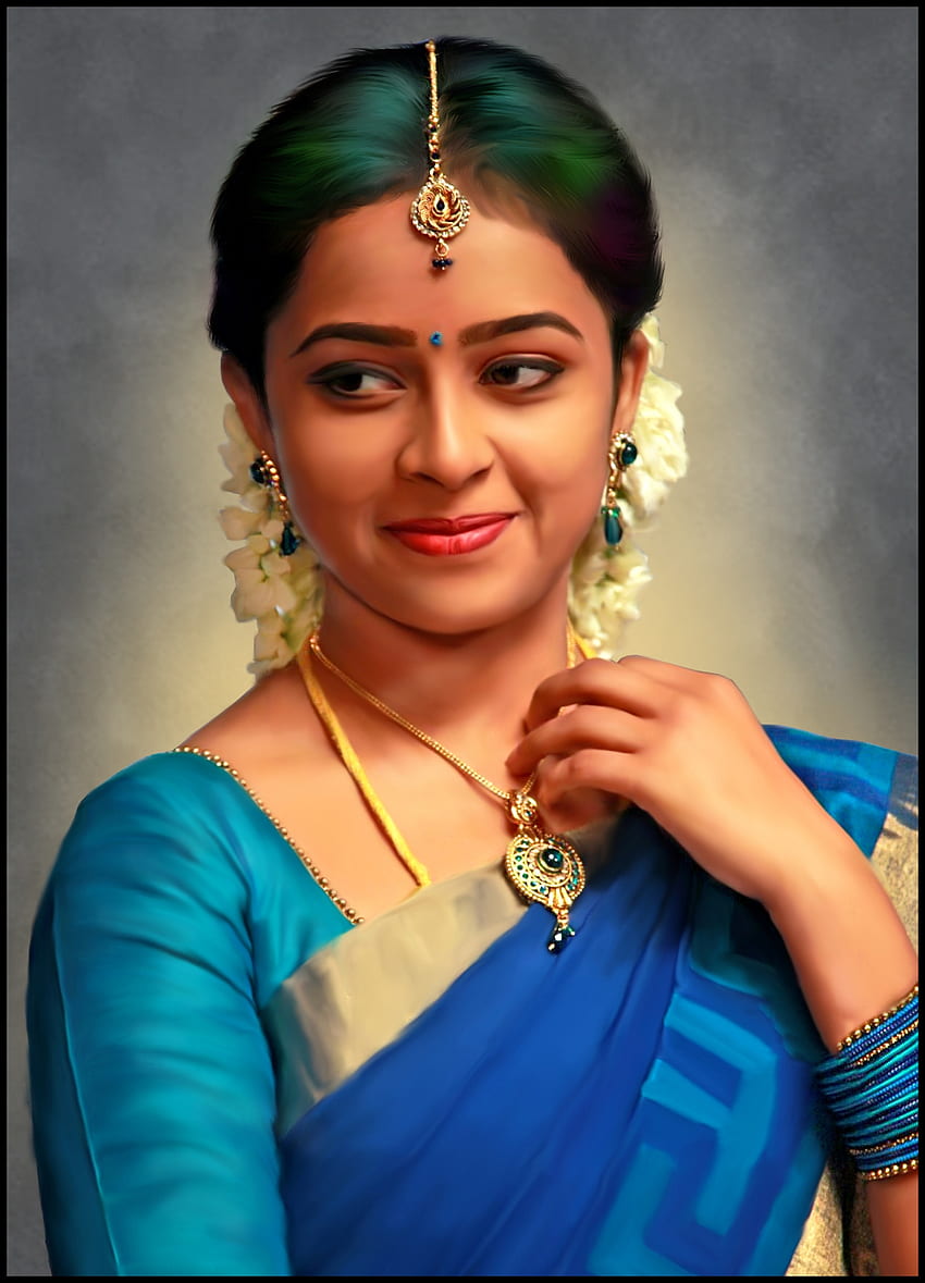 Sri Divya, sari, blue, digital painting HD phone wallpaper