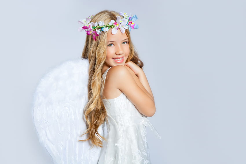 Wings of Light, blonde, angel, long hair, precious, happy, wings, white, smile, girl, beautiful, costume, light, love, flowers, green eyes, child, forever, wreath HD wallpaper