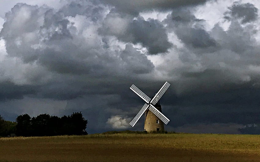 嵐の風車、雲、風車、野原、嵐 高画質の壁紙