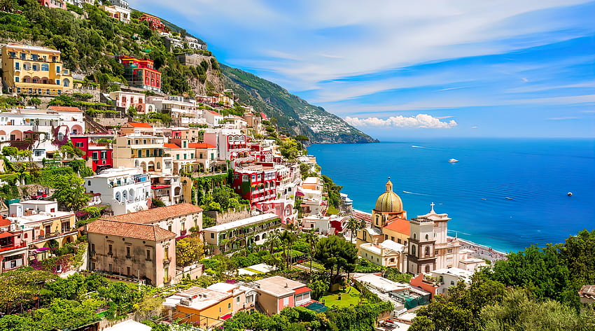 La belleza del sur de Italia, mar, Amalfi, pueblo, costa, hermoso, Italia, vacaciones, verano, descanso, vista, cielo fondo de pantalla