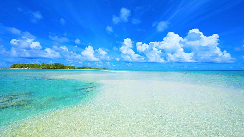 Słoneczny dzień w raju, wyspa, tropikalny, raj, piękna, krystalicznie czysta laguna, lato, atol, chmury, niebo, ocean Tapeta HD