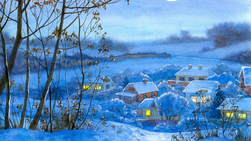 painting, winter, village, home, night, month, snow full , tv, f, background HD wallpaper