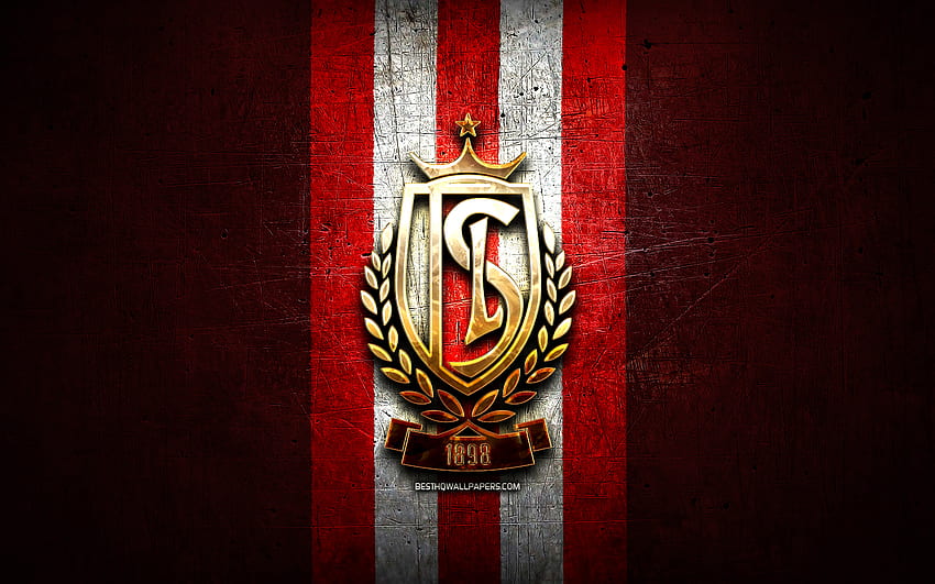 Standard Liege FC, złote logo, Jupiler Pro League, czerwone metalowe tło, piłka nożna, belgijski klub piłkarski, logo Standard Liege, piłka nożna, Royal Standard Liege Tapeta HD