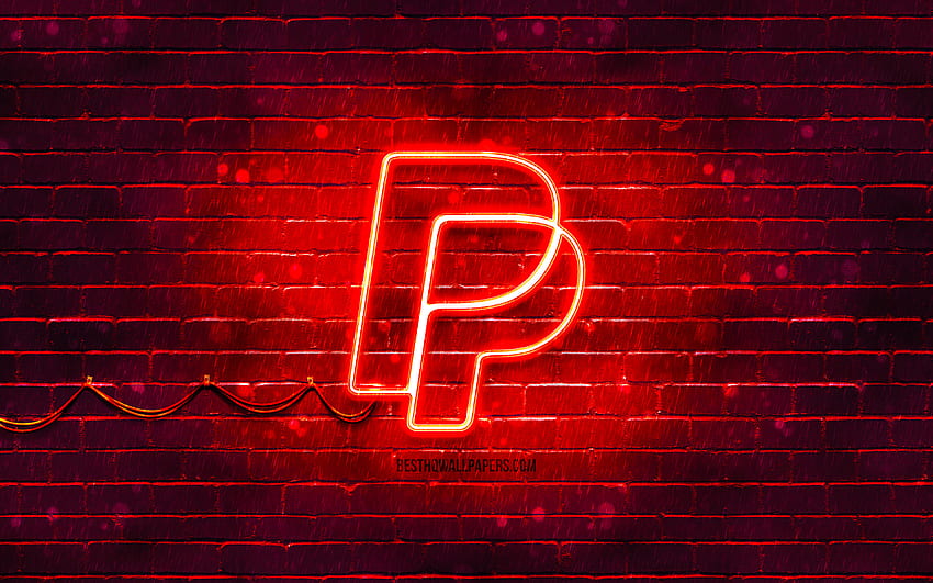 PayPal の赤いロゴ, , 赤レンガの壁, PayPal のロゴ, 支払いシステム, PayPal のネオンのロゴ, PayPal 高画質の壁紙