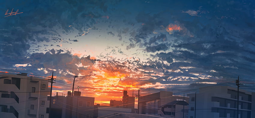 Kota Anime, Matahari Terbenam, Bangunan, Awan, Fajar, Pemandangan, Matahari Terbenam Kota Wallpaper HD