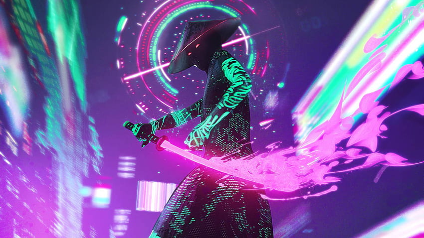 Neon Samurai Cyberpunk Çözünürlük, Sanatçı ve Arka Plan, Neon Motosiklet HD duvar kağıdı