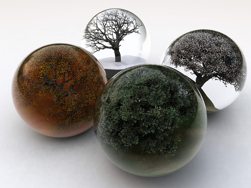 Four Seasons, winter, fall, sphere, seasons, spring, summer, 3d, abstract, four, glass, trees, glass balls HD wallpaper