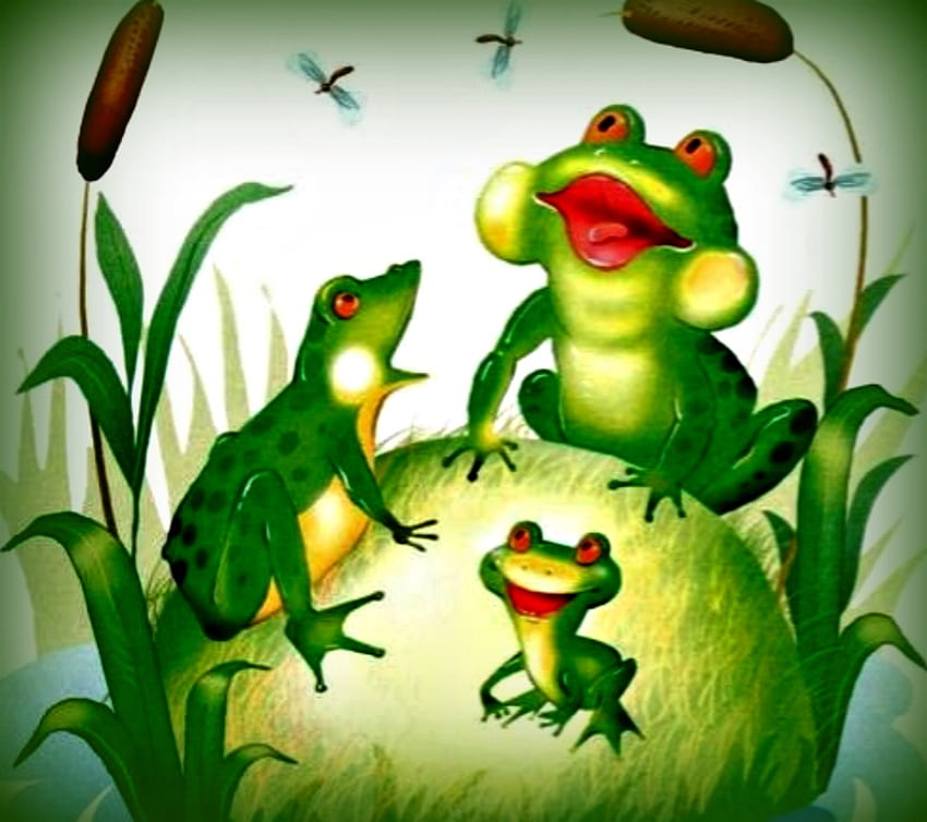 Frog Family, Animals, White, Green, Lily Pad, Yellow, Bugs, Frogs, Family HD wallpaper
