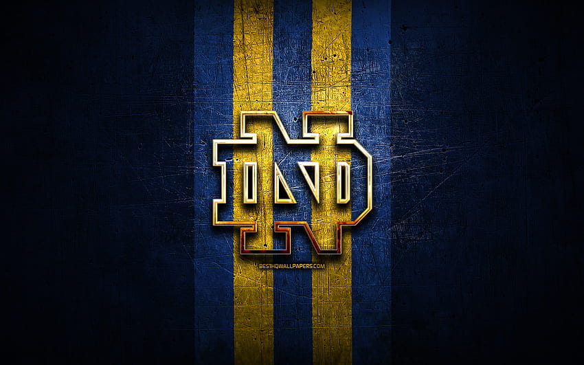 Notre Dame Fighting Irish, golden logo, NCAA, blue metal background, american football club, Notre Dame Fighting Irish logo, american football, USA for with resolution . High Quality HD wallpaper