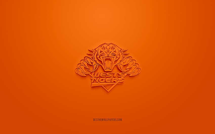 Wests Tigers, kreatywne logo 3D, pomarańczowe tło, National Rugby League, godło 3d, NRL, australijska liga rugby, Sydney, Australia, sztuka 3D, rugby, logo Wests Tigers 3d Tapeta HD