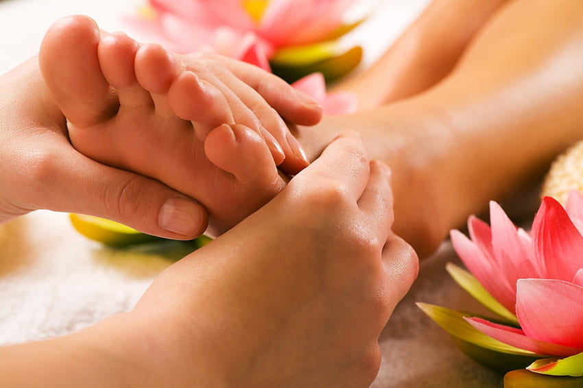 Fußmassage, Massage, Fuß, Grafik, Seerosen, Hände, Reflexzonenmassage HD-Hintergrundbild