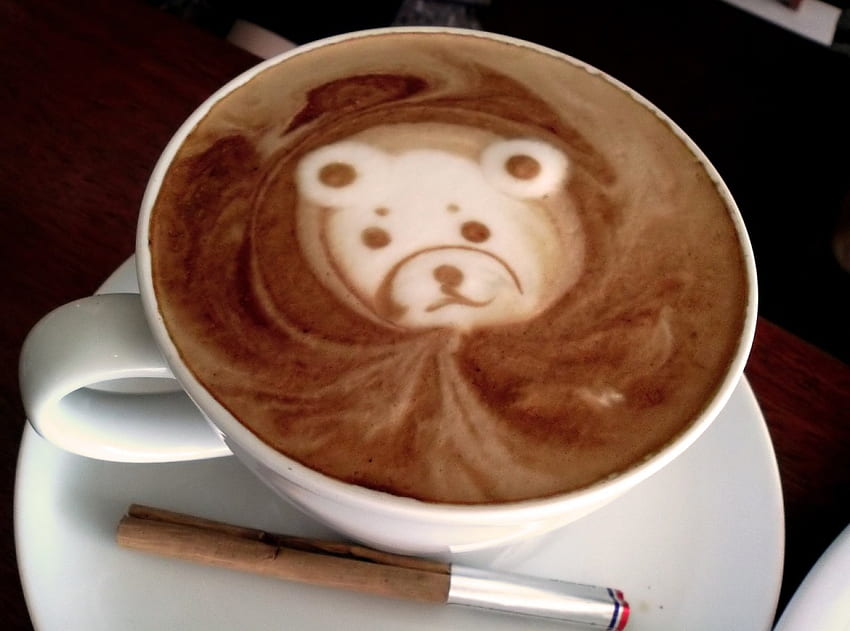 caffè con il vecchio orso, caffè, piattino, tazza, orso Sfondo HD